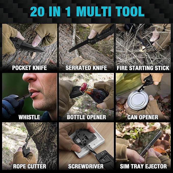 DURATECH 20 in 1 Multitool with Safety Locking, Gift for Men Dad, with Pocket Knife, Screwdriver, Saw, Can Opener, Bottle Opener, Whistle, Fire Starting Sticks, Multi Tool for Outdoor, Hunting, Hiking
