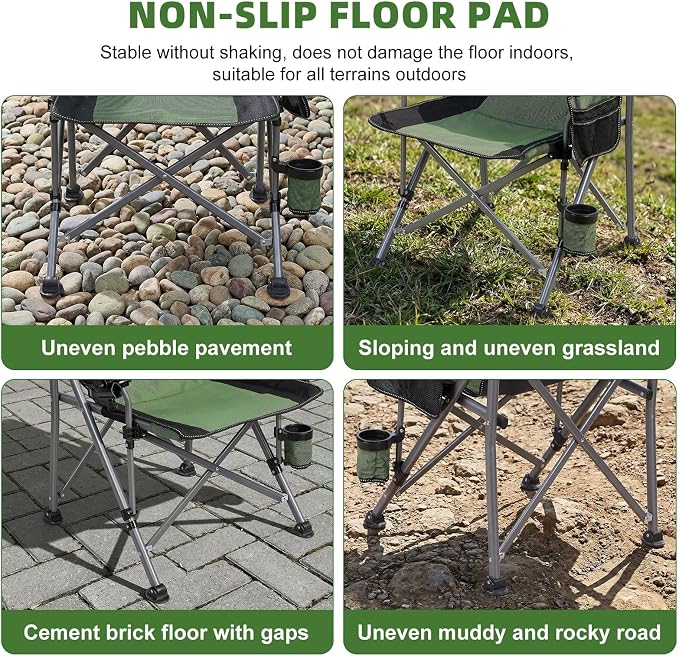 New Folding Fishing Chair with Rod Holder, 150Kg Heavy Duty All Terrain Chair with Side Pocket, Cup Holder, Portable Adults Armchair for Outdoor, Camping, Garden, Beach, Lawn, Picnic Black Green