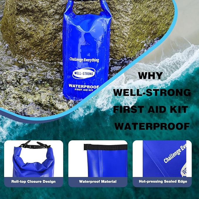 Boat First Aid Kit Waterproof, WELL-STRONG Marine Emergency Kit with Roll Top Dry Bag for Boating Fishing Kayaking – Water-Resistant Contents for Camping & Beach（Blue）