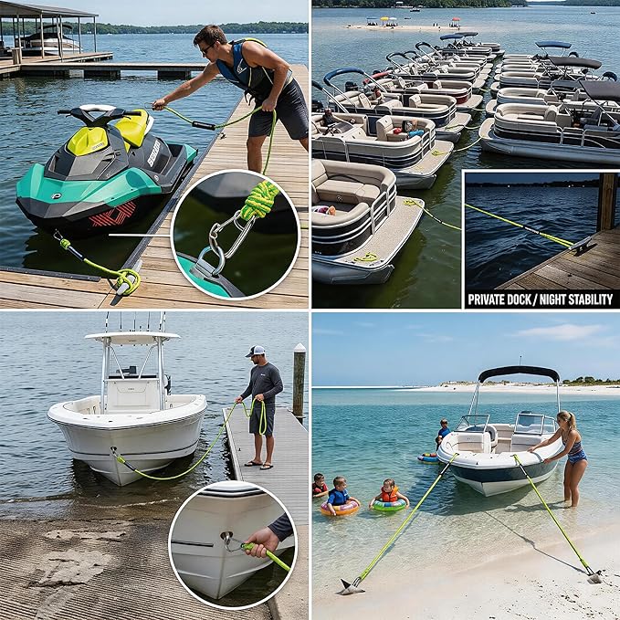 Obcursco Heavy Duty Boat Dock Lines (7ft & 14ft) - 1/2" Marine Mooring Rope with 316 Stainless Steel Clip - Accessories for PWC, Pontoon, Center Console, Jet Ski (Green/Yellow, 2 Pack)