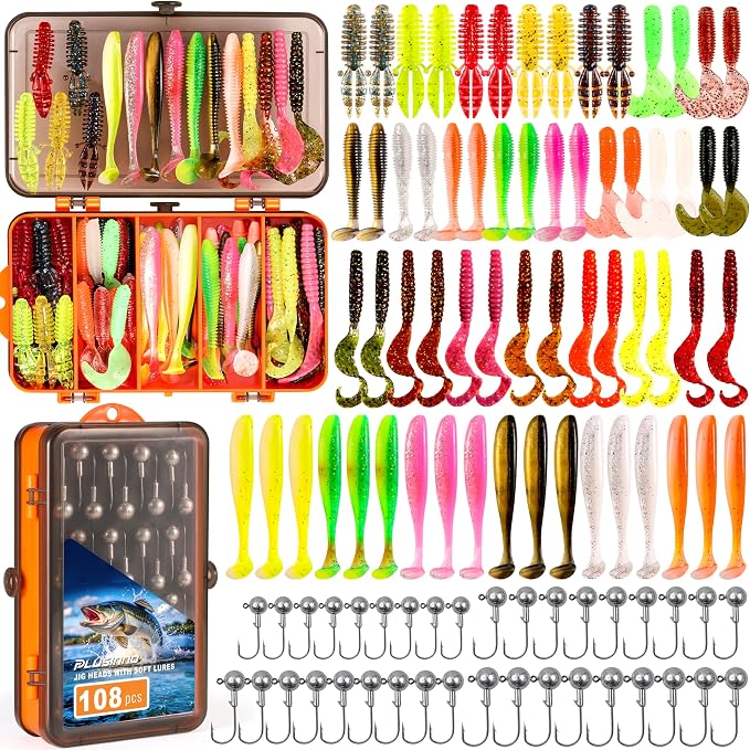 PLUSINNO Fishing Lures, 108PCS Tackle Box with Tackle Included Paddle Tail Swimbaits, Soft Worm Lures, Crappie Jigs Heads, Fishing Gear Bait Lure Kit Gifts for Men Trout Bass Freshwater
