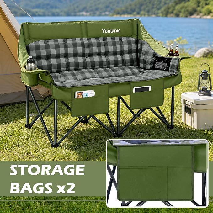 Youtanic Double Camping Chair, Heavy Duty 650lbs Padded Loveseat for Adults, Folding 2 Person Camp Couch with Cup Holder & Carry Bag, Wide Plaid Portable Lawn Seat for Outdoor Beach Sports, Green