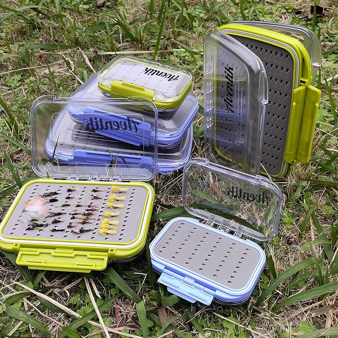 Aventik Waterproof Clear Fly Box Double Sides Floating Lightweight Fly Fishing Case Large Capacity Grip Foam Nymph Wet Dry Flies Lure Box(H18 Blue, SIZE C:7.32X4.56X1.57inch)