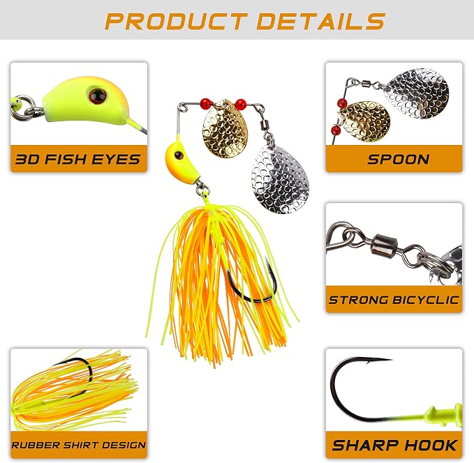 Spinner Baits Fishing Lures Kit,Bass Fishing Lures Spinnerbaits Buzzbait Set Hard Metal Swimbait Jig Lure for Bass Pike Trout Walleye Freshwater Saltwater
