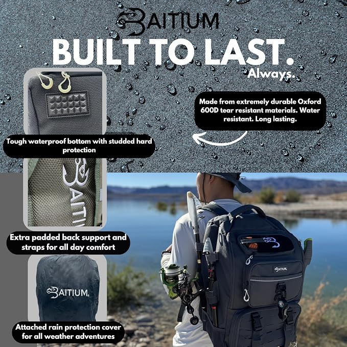 Baitium Fishing Backpack, Tackle Bag With Rod Holders, 40L Capacity With Cooler, Rain Cover, Insulated Pocket, 4 Tackle Trays Included - (Grey)