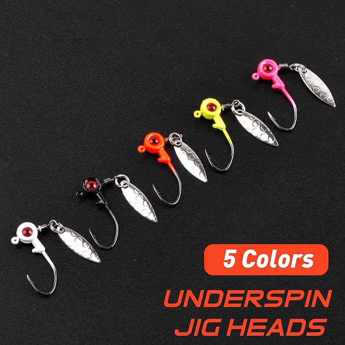 Crappie Jig Heads Fishing Lures Kit, 15pcs Underspin Jig Heads with Spinner Blade Crappie Lures Eye Ball Head Painted Fishing Jigs for Bass, Trout, Panfish, Sunfish