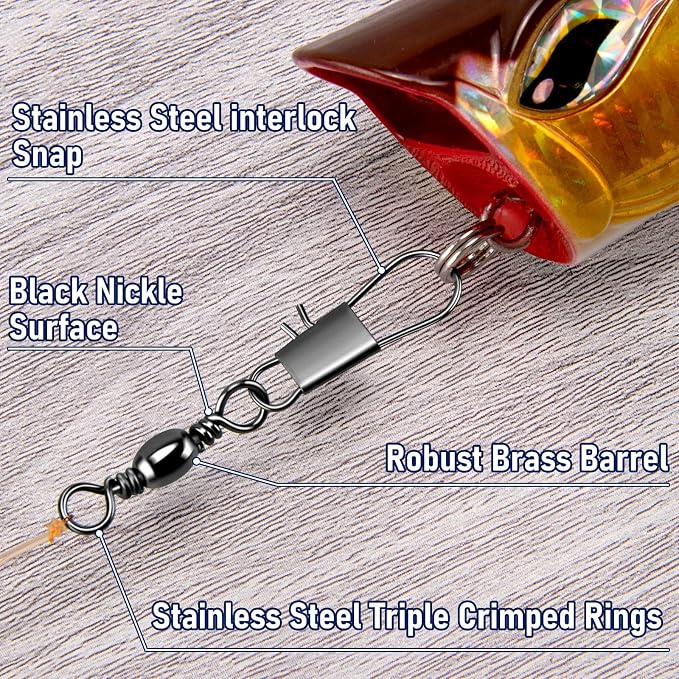Alwonder 100-Pack Fishing Snap Swivels, Barrel Swivels Fishing Tackle with Snaps Freshwater, Stainless Steel Safty Interlock Snap Swivel Black Nickel Coated Lure Hook Connector Quick Change Clips