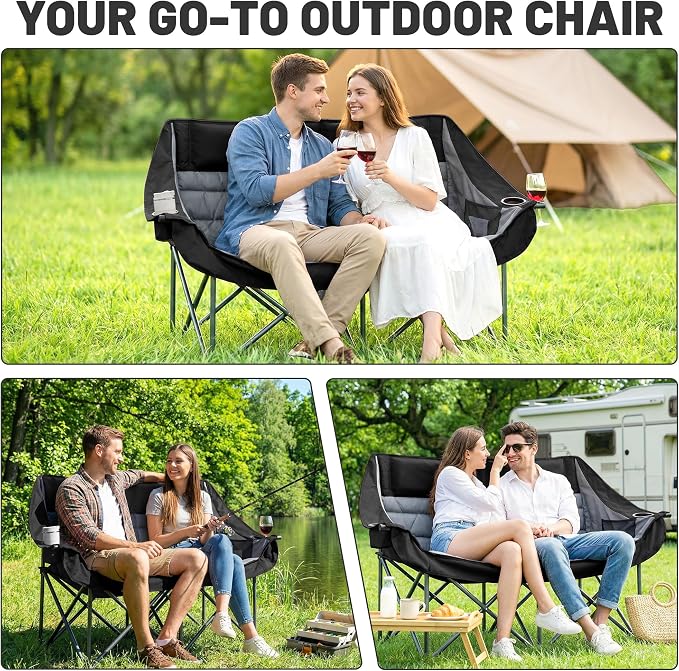 Youtanic Oversized Extra Large Double Padded Camping Chair up to 660lbs, Folding Loveseat Camp Couch with Pocket, Carry Bag, Portable Camping Chairs for Adults, Fishing, Sports, Trip, Black