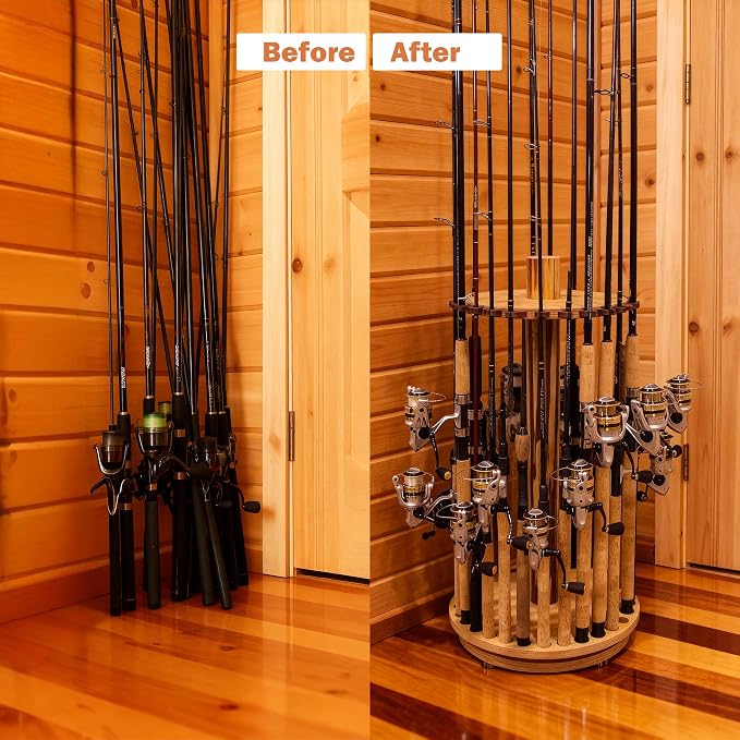 Rush Creek Creations Fishing Rod Holder - 360 Spinning Rack for Garage Organization and Storage, Pole Holder for Reels, Gear, Accessories, Tackle Box