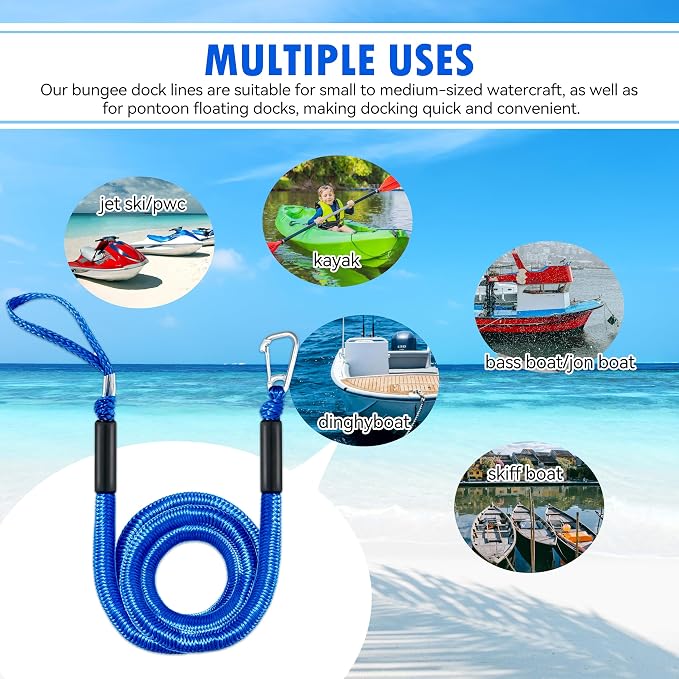 Single Hook Bungee Dock Lines – Heavy-Duty Elastic Mooring Ropes for Boats, PWCs & Kayaks | Adjustable PVC Sleeve | 316 Stainless Steel Clip (1, Blue, 14 Feet)