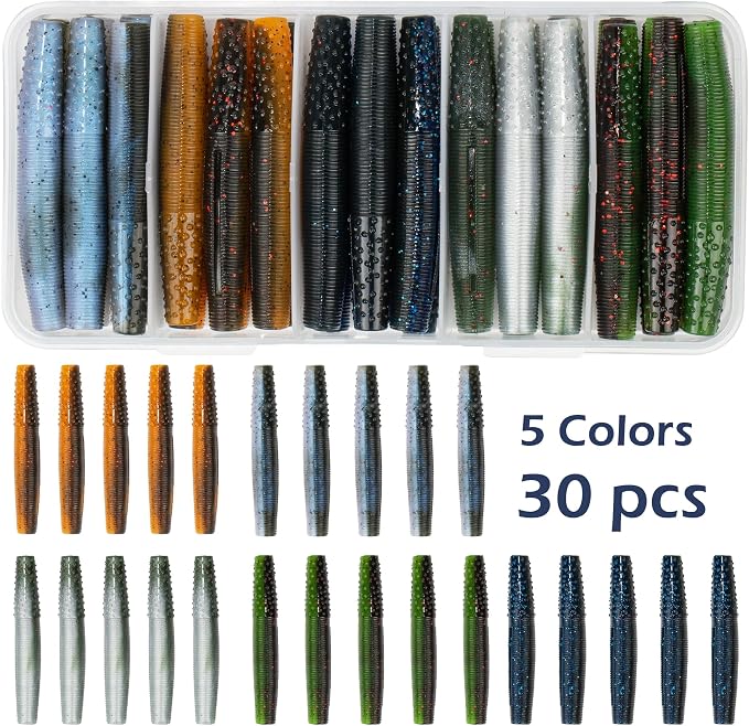 Soft Plastic Worm Fishing Lures Kit, Finesse TRD Stick Worms and Ned Rig Baits with Jig Heads for Bass Fishing, Freshwater Bass Soft Baits