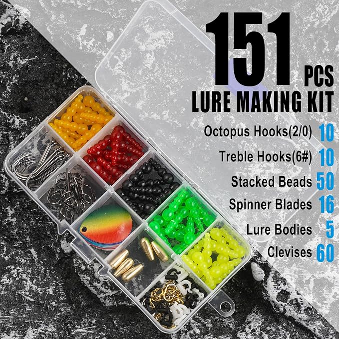 Walleye Rig Making Kit,205pcs DIY Lure Making Supplies Parts for Crawler Harness Walleye Spinner Rigs Colorado Blades Pompano Floats Clevises Beads Hooks Spinner Lure Making Kit