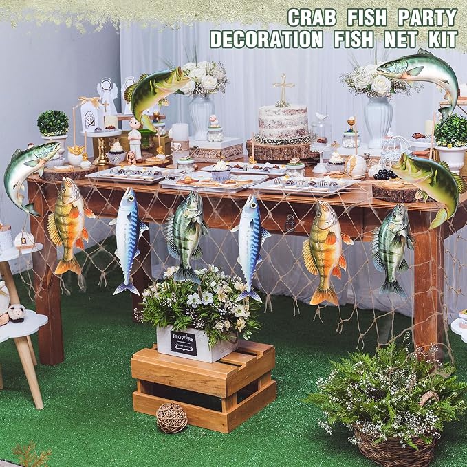 Silipull 11 Pcs Gone Fishing Party Decorations Kit Fishing Net Cute Cardstock Photo Prop for Birthday Sea Animal Indoor Outdoor Dessert Table Party Supply