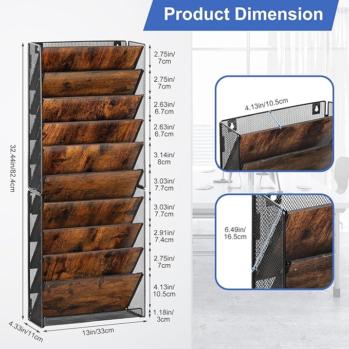 TQVAI 10-Tier Hanging Wall File Organizer - Folding Wall Mounted Mail Document Holder, Metal Clipboard Storage Rack for Office, Homeschool, Classroom Organization, Black/Vintage