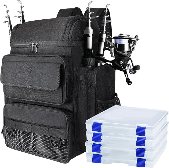 Fishing Backpack with 4 Tackle Boxes, 45L Large Tackle Backpack for Fishing,Camping,Hiking,Black