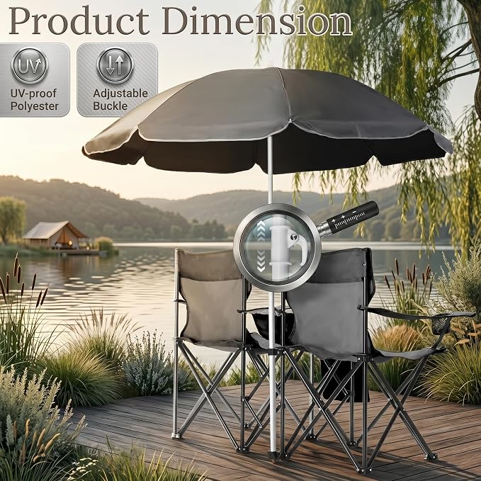 Double Folding Camping Chair with Removable Sun Umbrella and Cooler Bag, 2 Person Portable Picnic Chair for Beach, Patio, Fishing and Tailgating, 600D Oxford Fabric, Black (Black)