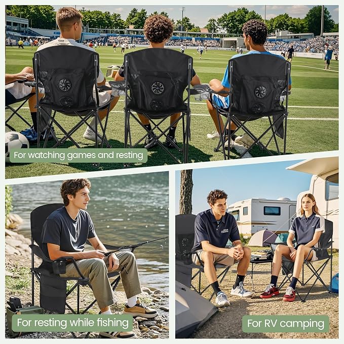 2 Pack Camping Chairs with Fan, Lightweight Camp Chair 300LBS Portable Foldable Chairs for Adults & Teens, Compact with Carry Bag for Camping, Beach, Picnics, Outdoor