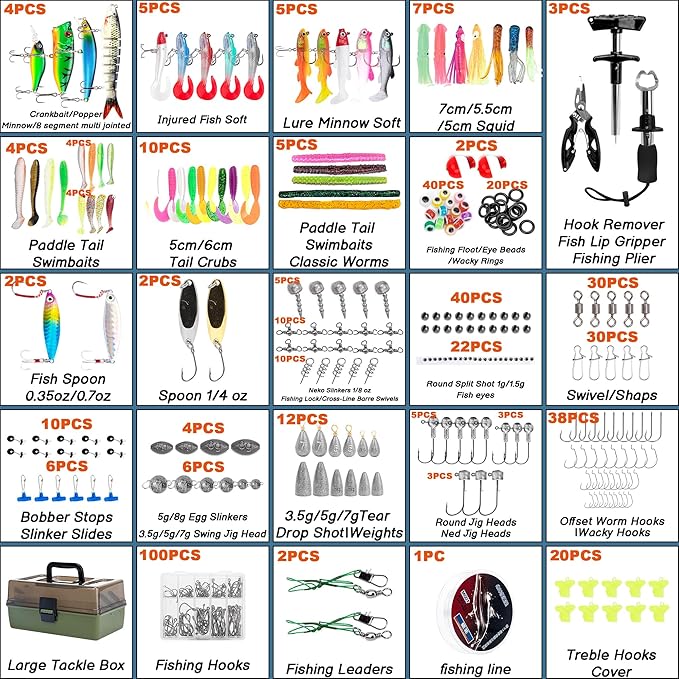 3 Layers Fishing Tackle Box with Tackle Included, 475 Pcs Fishing Lures Kit,Include Crankbaits Weights Hooks and other Accessories,Fishing Lure Bait Gear Kit,Gift for Men