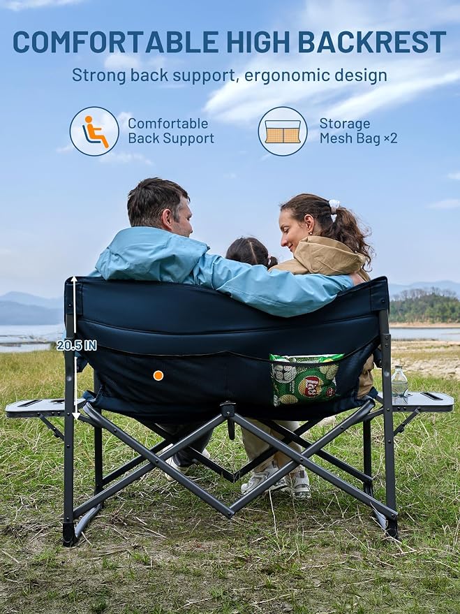 TIMBER RIDGE Double Camping Chair Portable Loveseat, Heavy Duty Folding Camp Couch, 2 person Director Chairs with Cup Holder for Outdoor Lawn Tailgates Picnic Sports Soccer Games Supports 600 lbs Blue