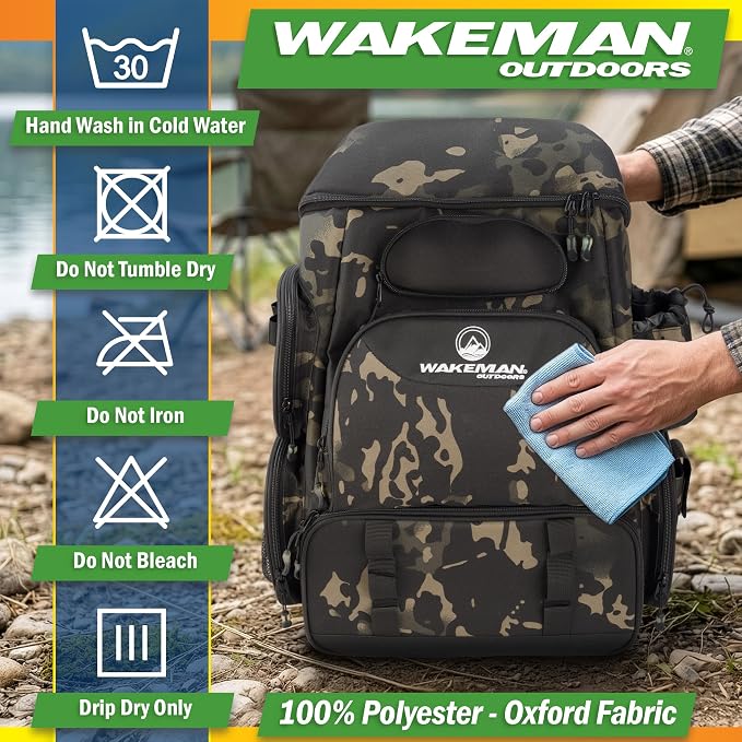 Fishing Backpack with Tackle Boxes, Rod Holders, 7 Zippered Storage Pockets and Water-Resistant Cover - Tactical Backpack Tackle Bag for Fishing Gear and Equipment by Wakeman Outdoors (Camo Black)