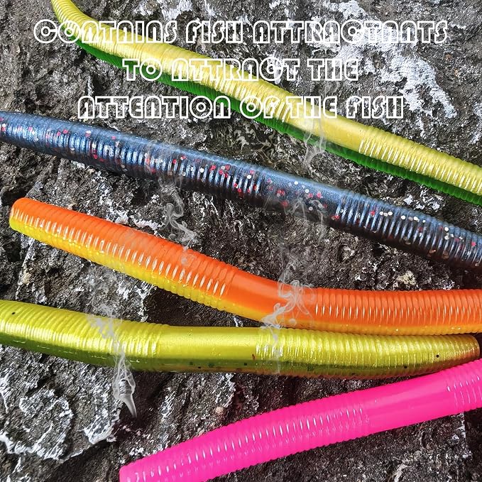 50Pcs Finesse Worms Soft Lures Worm Stick Bait Color Mixed Fishing Lure 5.5in/0.28oz