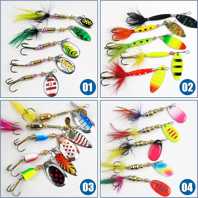 Fishing Lures Spinnerbait Kit Rooster Bait Tail Fishing Lures Inline Spinner Baits Bass Salmon Trout Spoon Hard Metal Spinnerbaits for Saltwater Freshwater