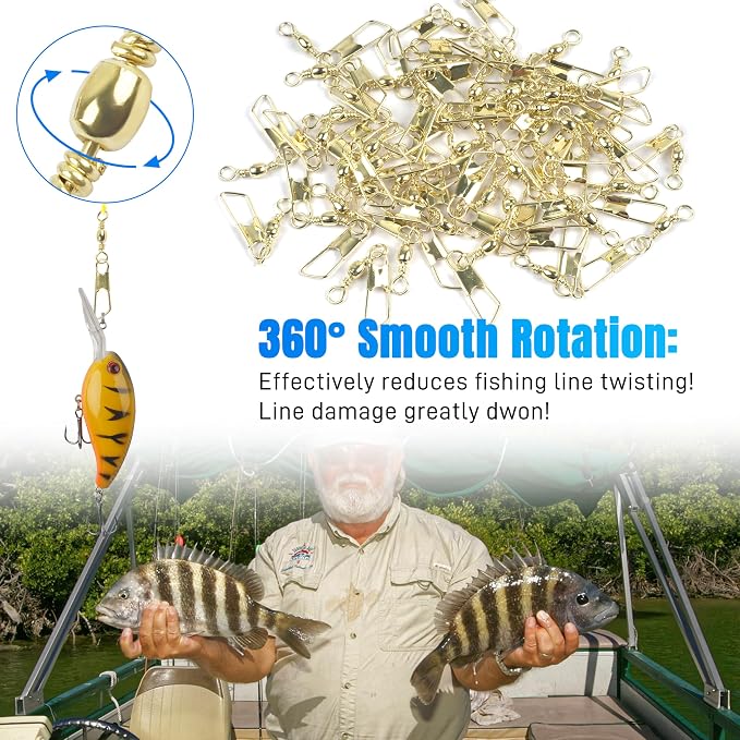 AGOOL Fishing Swivels Snaps, 60/120pcs Barrel Swivels with Nice Snaps Gold High Strength Solid Rings Line Lures Connector Fishing Tackle Accessories