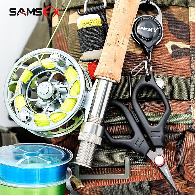 SAMSFX Fishing Scissors for Braided Line, Fishing Line Cutter Saltwater and Freshwater, Serrated Shears with Retractor, Optional Split Ring Opener Function