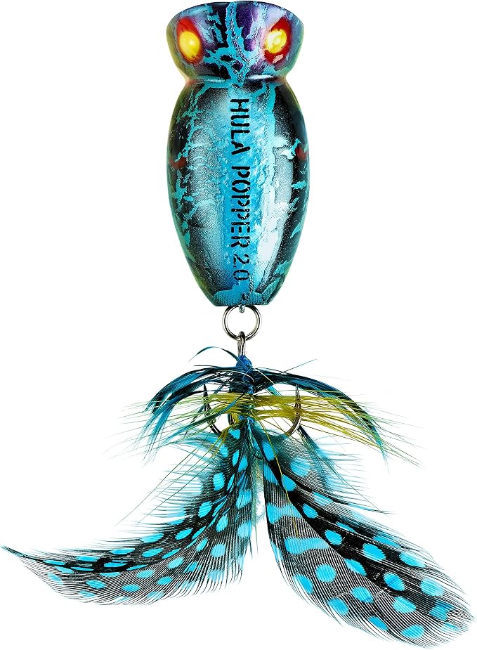 Arbogast Hula Popper 2.0 Topwater Fishing Lure with Feathered Treble Hook and Crackle Pattern Body