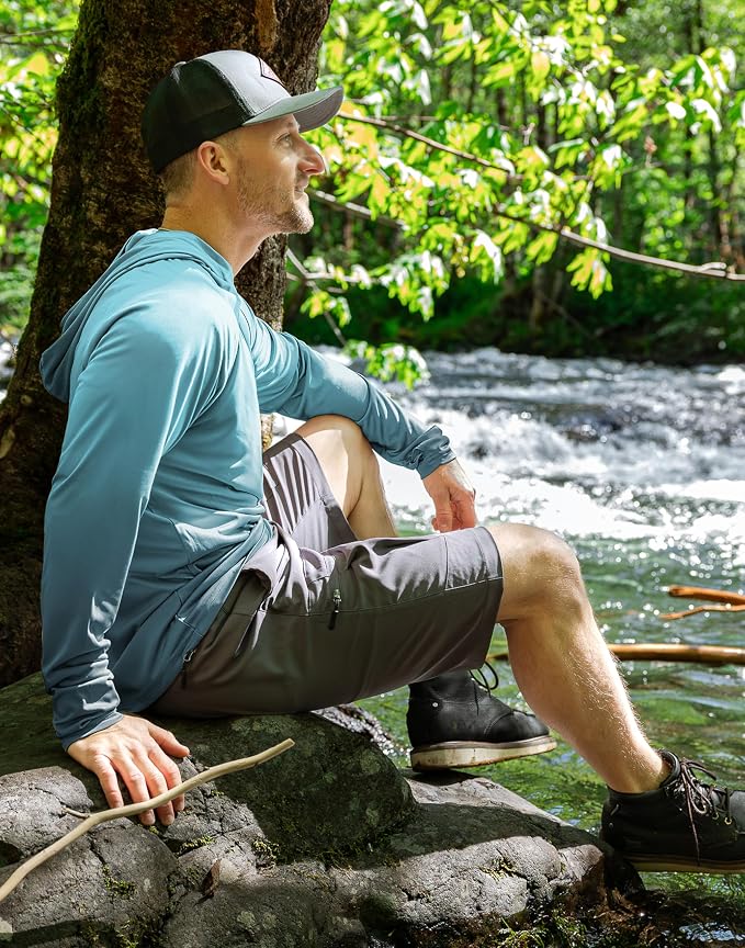 Pudolla Men's Sun Protection Hoodie Shirts UPF 50+ Rash Guard SPF Long Sleeve Fishing Shirt for Men Swim Hiking Boating
