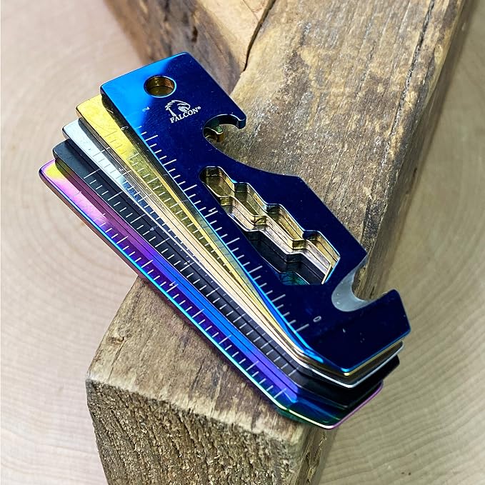 Wallet Size 6 Functions Hand Tool. Stainless Steel. For Camping, Fishing, Hunting, EDC Tool (BK+BL+CH+GD+RB)