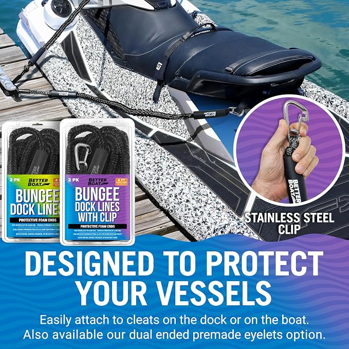2-Pack Black Bungee Dock Lines with Clip, Marine Grade Boat Rope, Jet Ski or PWC Mooring Ties, Boating Accessories for Boats