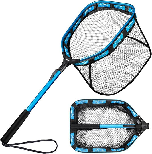 PLUSINNO Floating Fishing Net for Steelhead, Salmon, Fly, Kayak, Catfish, Bass, Trout Fishing, Rubber Coated Foldable Landing Net with Fixed or Telescoping Pole Handle, Fishing Gear and Gifts for Men