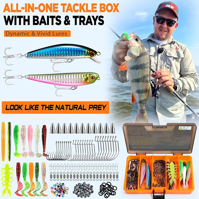 PLUSINNO Fishing Gear,Full Fishing Pole kit Include Fishing Rod and Reel Combo, Tackle Box with Fishing Lures, Fishing Accessories, Fishing Pliers,Fishing Gifts for Men with Fishing Tool Kit