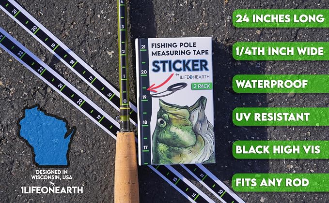 Fishing Pole Measuring Tape Sticker, 24 Inch Ruler Decal to attach to Fishing Rod (2 Pack), Black, UV-RESISTANT, Sticks to Boat, Truck, Rod, Kayak-Paddle, High Visibility Numbers, WATERPROOF