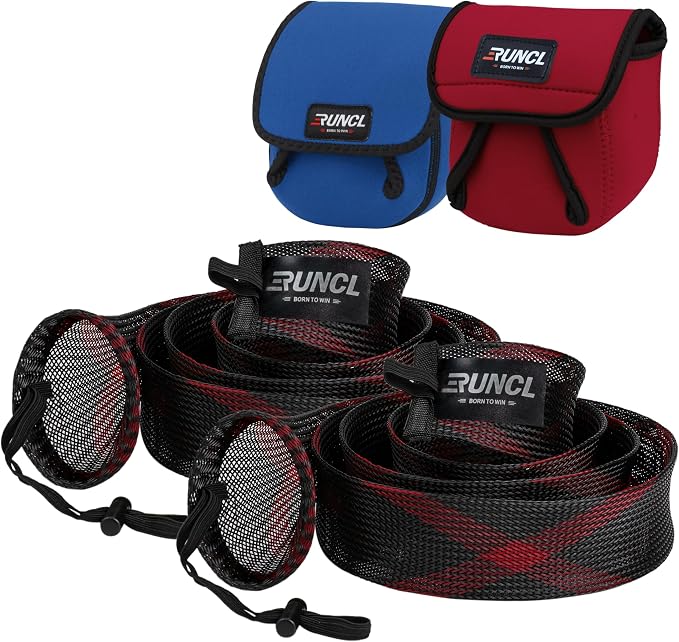 RUNCL Fishing Rod Sleeves & Reel Bags, Spinning/Casting Rod Socks & Spinning/Baitcasting Reel Covers - Protection Solution, Space Saver, Perfect Storage - Fishing Pole Sleeves & Reel Pouch (2 Pack)