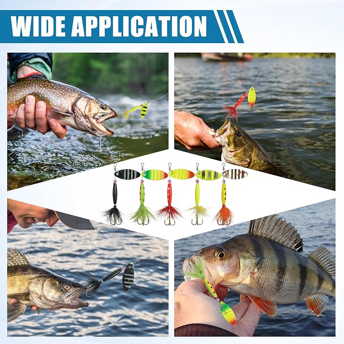 Spinner Baits Bass Lures Rooster Feather Tail Fishing Lures Trout Lures Hard Metal Inline Spinnerbaits for Bass Trout Pike Walleye Salmon with Tackle Box