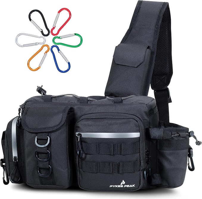 PYKES PEAK Fishing Bag | Waterproof Tackle Bag with Large Capacity | Includes 6 Carabiners | Versatile Fishing Shoulder Bag | Black | L Size - Designed in Japan