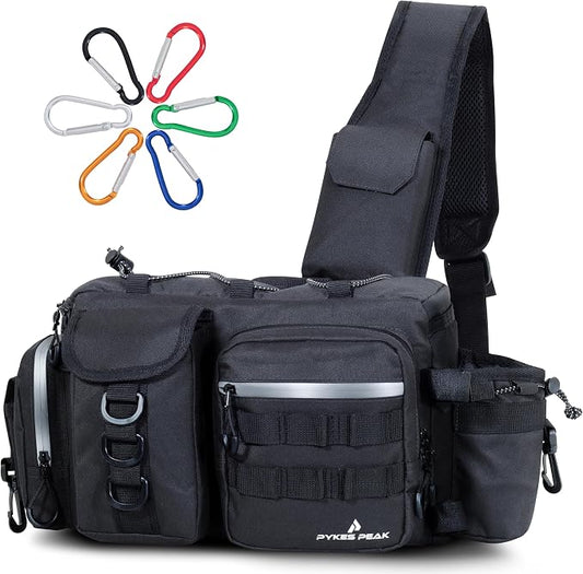 PYKES PEAK Fishing Bag | Waterproof Tackle Bag with Large Capacity | Includes 6 Carabiners | Versatile Fishing Shoulder Bag | Black | L Size - Designed in Japan