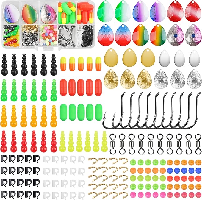 Walleye Rig Making Kit,230pcs DIY Fishing Lure Making Supplies Crawler Harness Walleye Spinner Rigs Colorado Blades Pompano Floats Clevises Beads Hooks Spinner Lure Making Kit