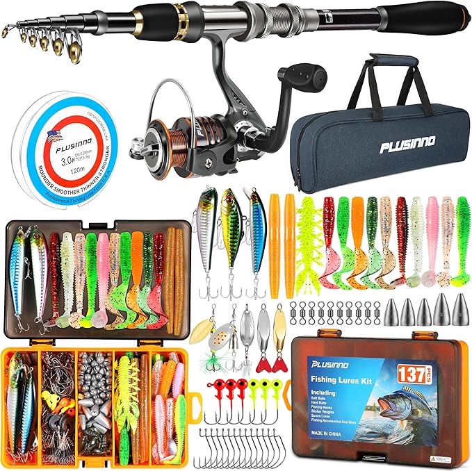 PLUSINNO Fishing Rod, Telescopic Fishing Rod and Reel Combo, Collapsible Travel Fishing Pole Rod Starter Kit, Carbon Fiber Fishing Rods and 12 +1 Bearings Stainless Steel, Fishing Gifts for Men Adults