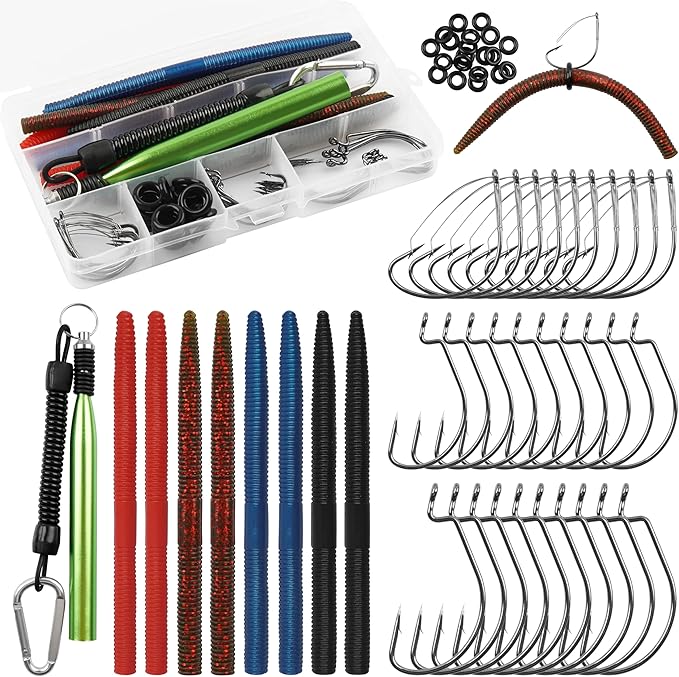 Wacky Rig Kit for Bass Fishing, 70pcs Wacky Worm Kit with Wacky Hooks, O-Rings, Wacky Tool, Soft Stick Worms and Tackle Box, Bass Fishing Lures for Largemouth and Smallmouth Bass