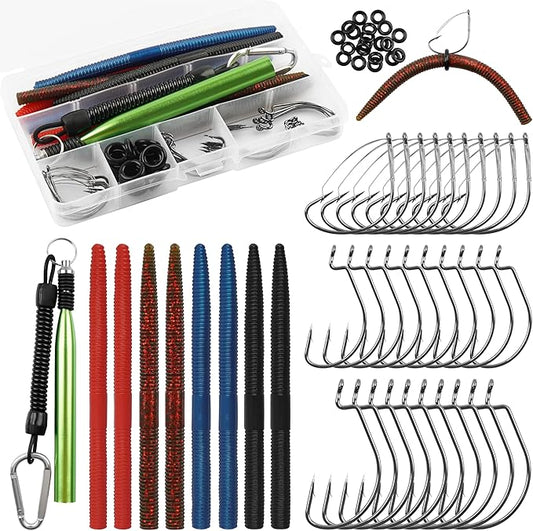Wacky Rig Kit for Bass Fishing, 70pcs Wacky Worm Kit with Wacky Hooks, O-Rings, Wacky Tool, Soft Stick Worms and Tackle Box, Bass Fishing Lures for Largemouth and Smallmouth Bass
