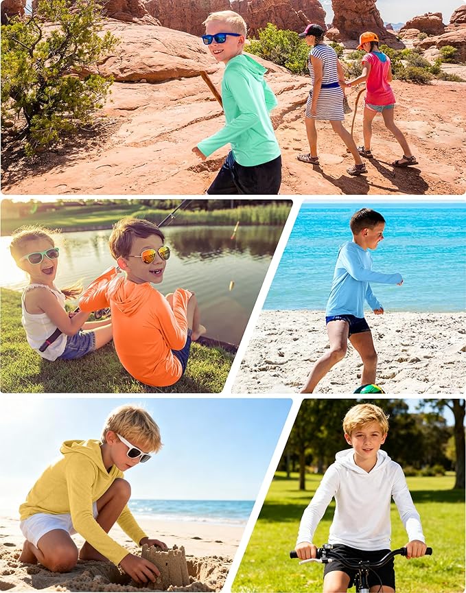Roadbox Boys Rash Guard Hooded Fishing Shirt, Kids UPF 50+ Long Sleeve Sun Hoodie, Youth UV Protection Beach Swim Shirts