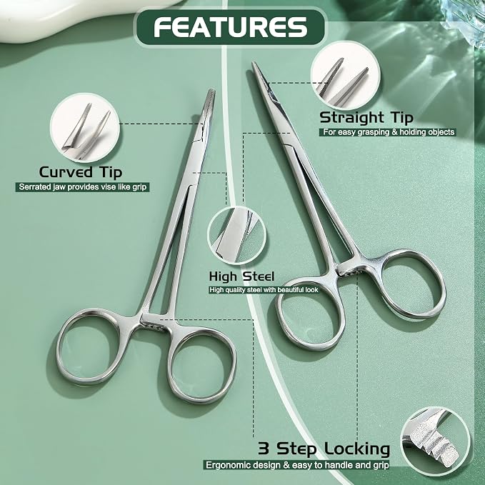 GEMQUEEN Piercing Curved and Straight Forceps for Changing Jewelry - 316L Surgical Stainless Steel Pliers Tool Set Locking Tweezers Clamps for Removal Earrings Lip Nose Rings 2 PCS