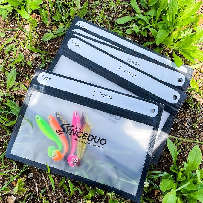 Synceuo 50pcs Soft Plastic Bait Bags, 7"x5" Reusable Bait Packaging Storage with Label Strips for Fishing Lure Making Supplies, Clear Soft Bait Binder Small Tackle Organizer