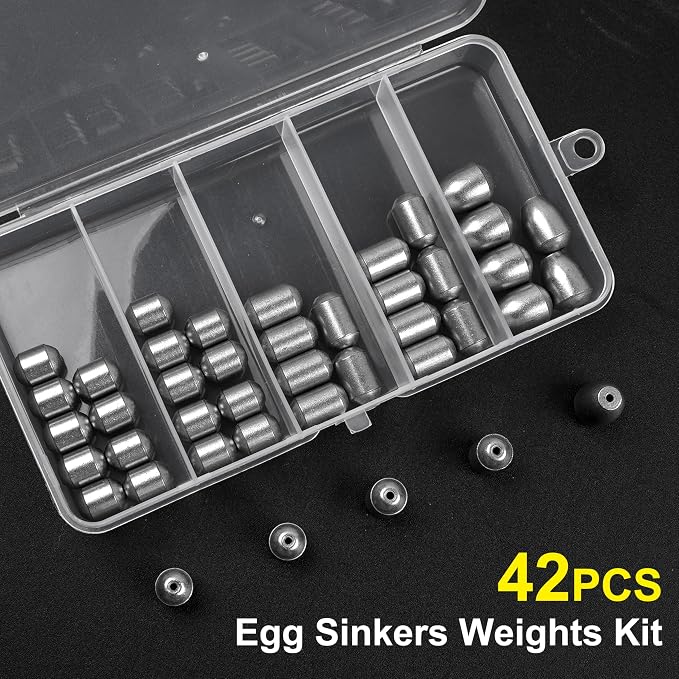 Fishing Weights Egg Sinkers Kit,42pcs Lead Free Fishing Weights Slip Sinkers for Fishing Lines Steel Barrel Weights for Freshwater Saltwater Bass Trout Walleye Fishing