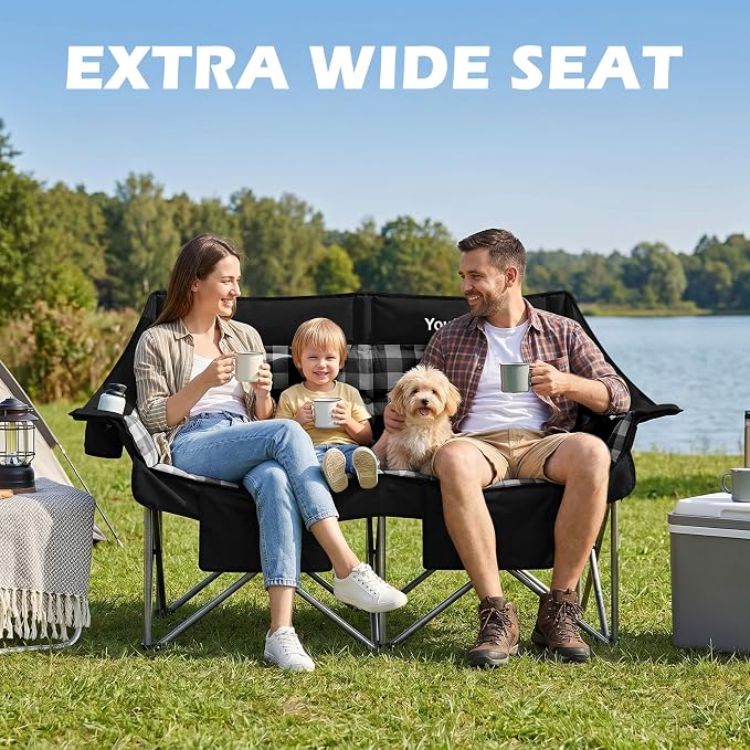 Youtanic 60" Extra Double Camping Chair, 700lbs Heavy Duty Padded Loveseat for Adults, Oversized 2 Person Folding Camp Couch with Dual Cup Holders, Portable Plaid Lawn Chair for Outside, Sports, Black