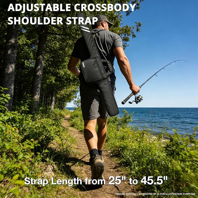 PEKREWS Fishing Rod Case, 52inch Fishing Pole Bag (3.9ft-4.4ft) with Tackle Pockets, Fits Break-Down Spinning Rod Reel Combo, Padded Soft Rod Bag with Strap Handle, Pole Travel Case For Angler