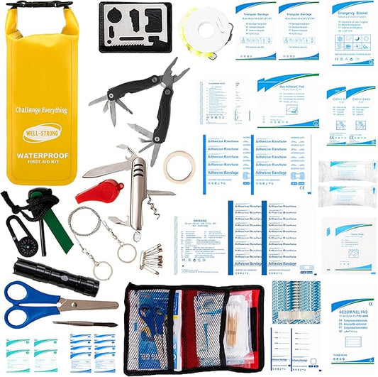 Boat First Aid Kit with Survival Tools, 123pcs Waterproof Emergency Marine Kit with Buckles, Compact Boat Safety Accessories for Fishing Kayaking Boating Camping Rafting Beach Yellow